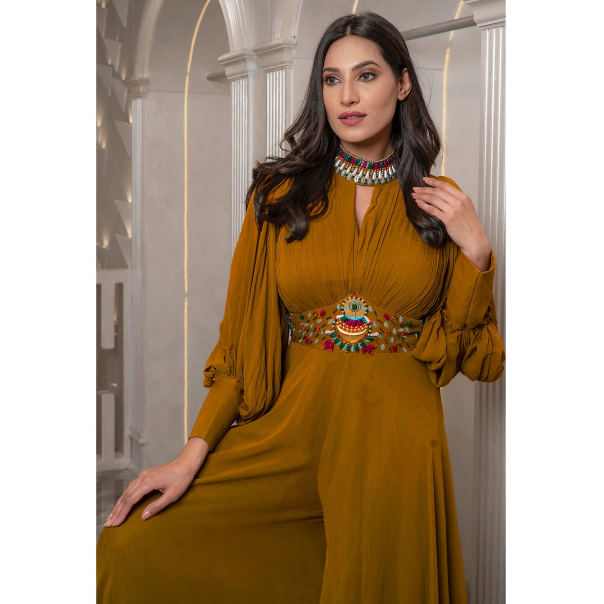Brown Zardosi Work Georgette Jumpsuit