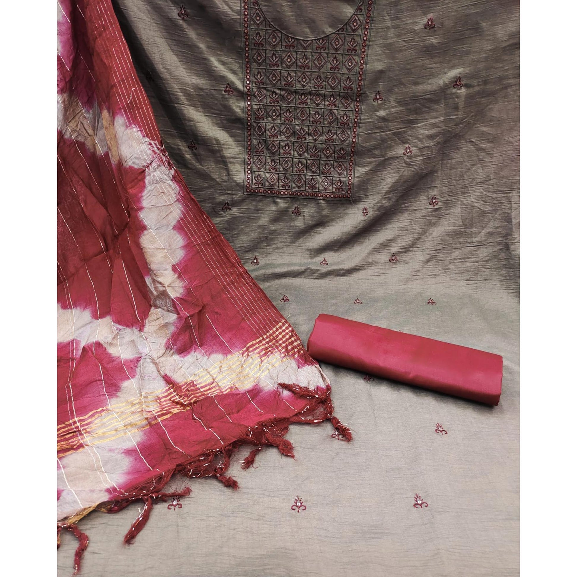 Coffee Embroidered Cotton Blend Dress Material