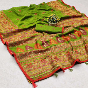 green-printed-poly-cotton-saree-with-tassels