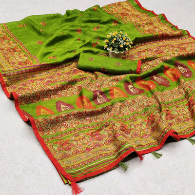 green-printed-poly-cotton-saree-with-tassels