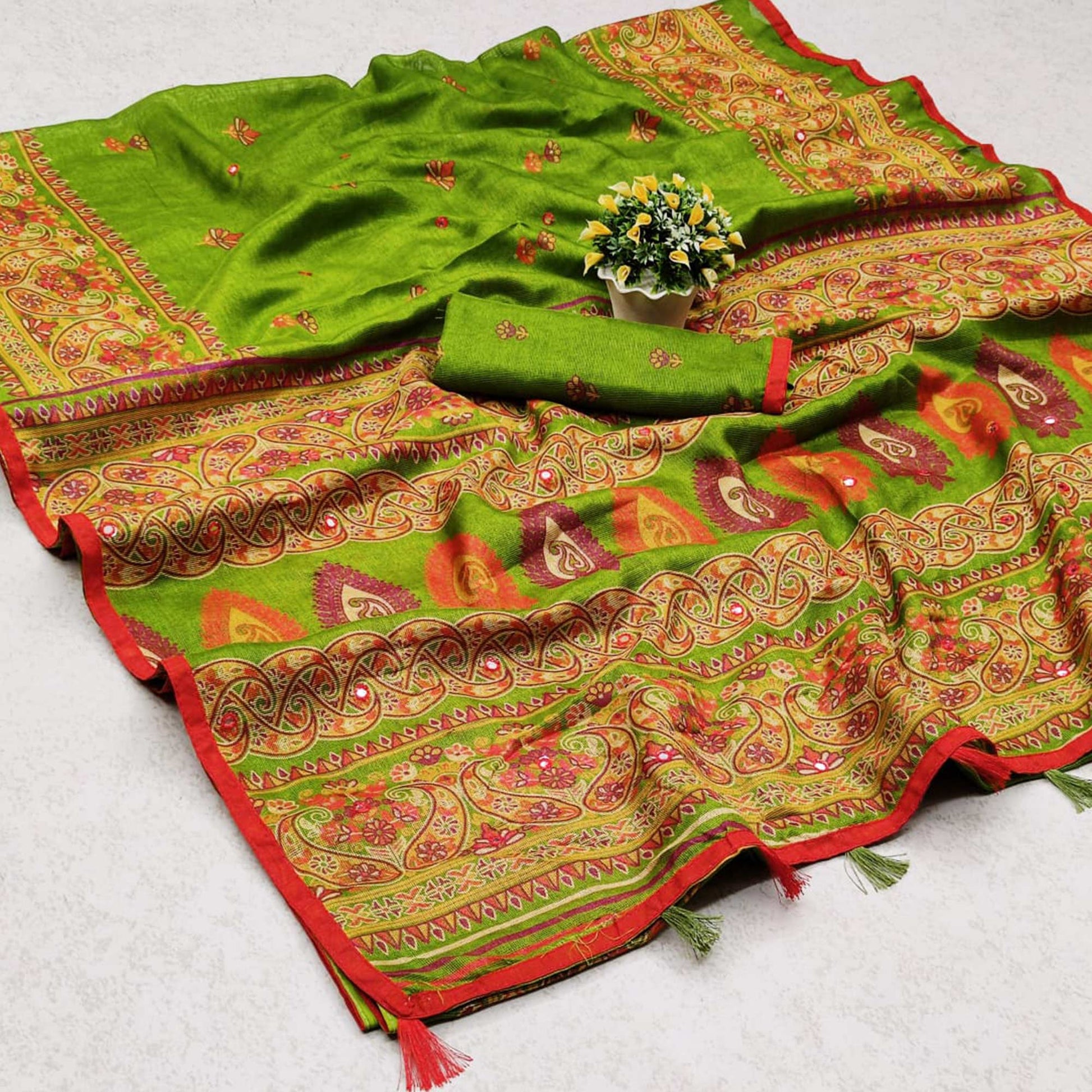 green-printed-poly-cotton-saree-with-tassels