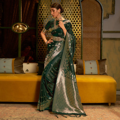 green-woven-satin-saree-with-tassels