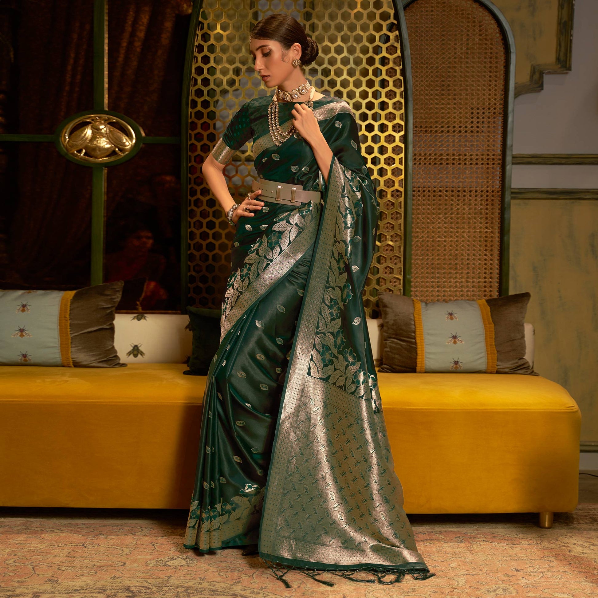 green-woven-satin-saree-with-tassels