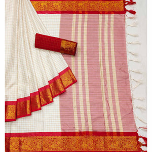 Cream And Red Woven Cotton Silk Saree With Tassels