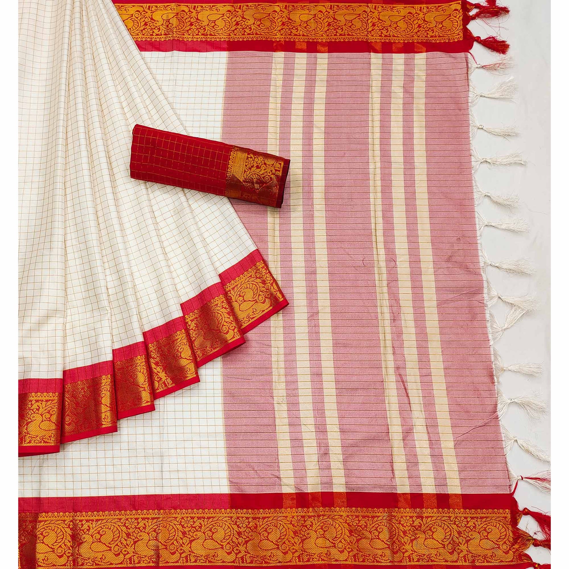 Cream And Red Woven Cotton Silk Saree With Tassels