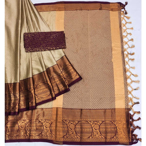 Chikoo Woven Cotton Silk Saree With Tassels