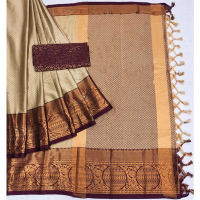 Chikoo Woven Cotton Silk Saree With Tassels