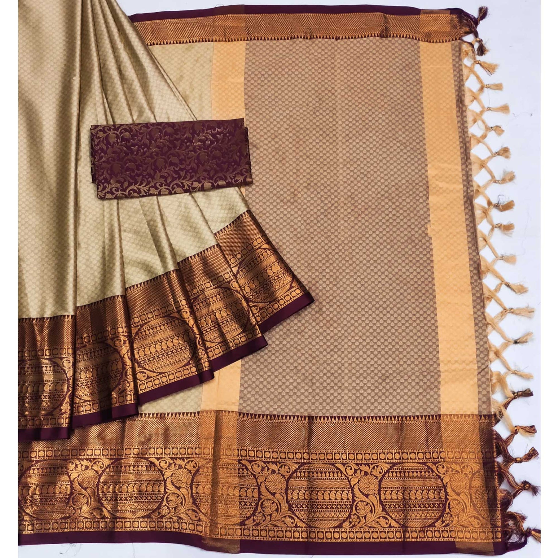 Chikoo Woven Cotton Silk Saree With Tassels