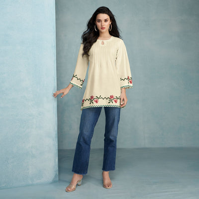 Cream Floral Embroidered Rayon Top
