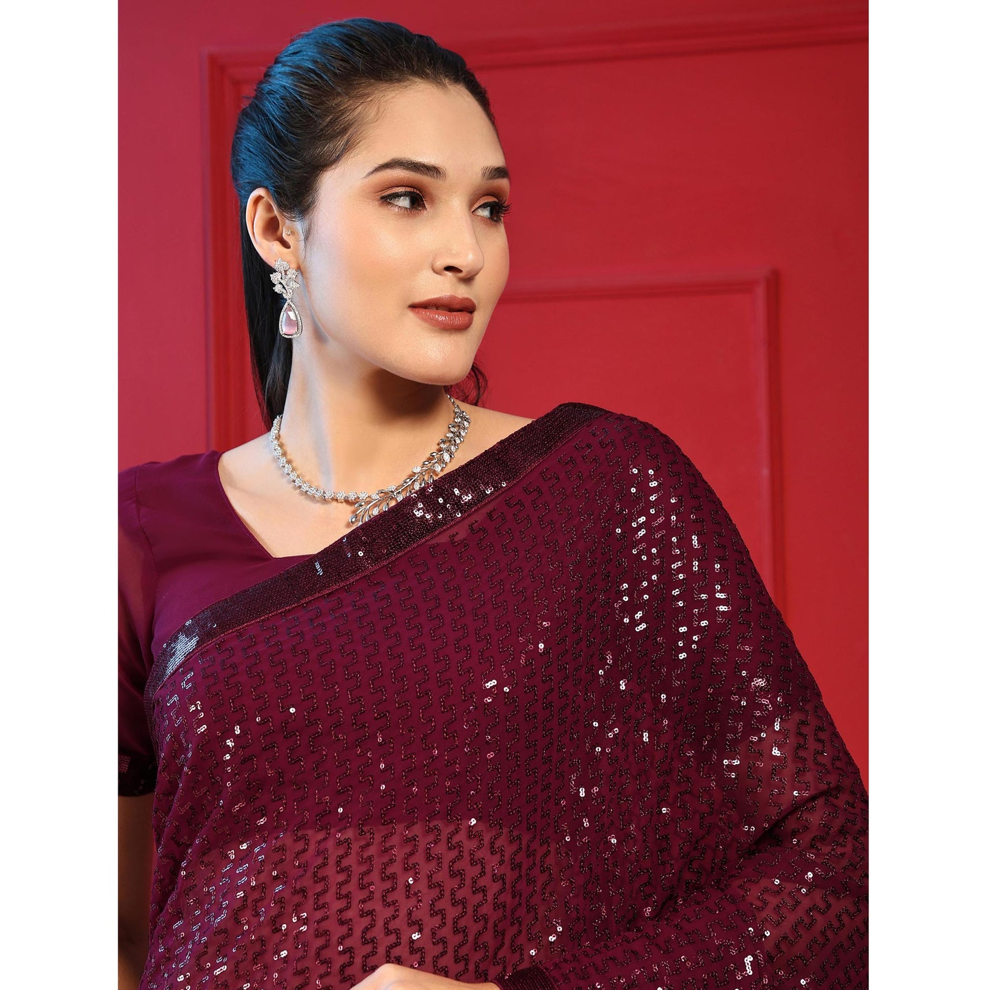 Maroon Sequins Embroidered Georgette Saree