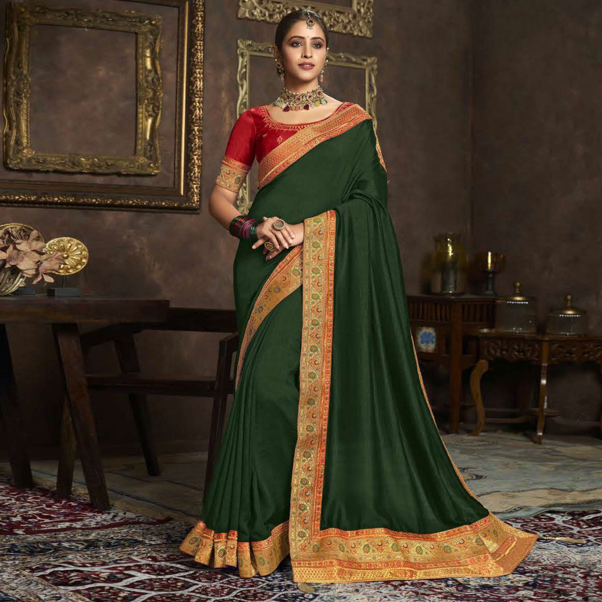 green-solid-with-woven-border-vichitra-silk-saree
