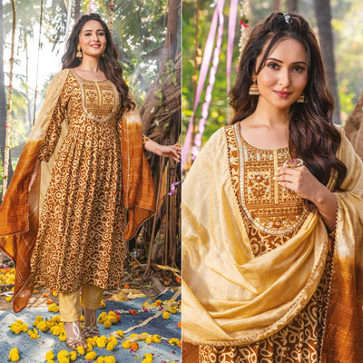 Brown Printed Rayon Naira Cut Suit