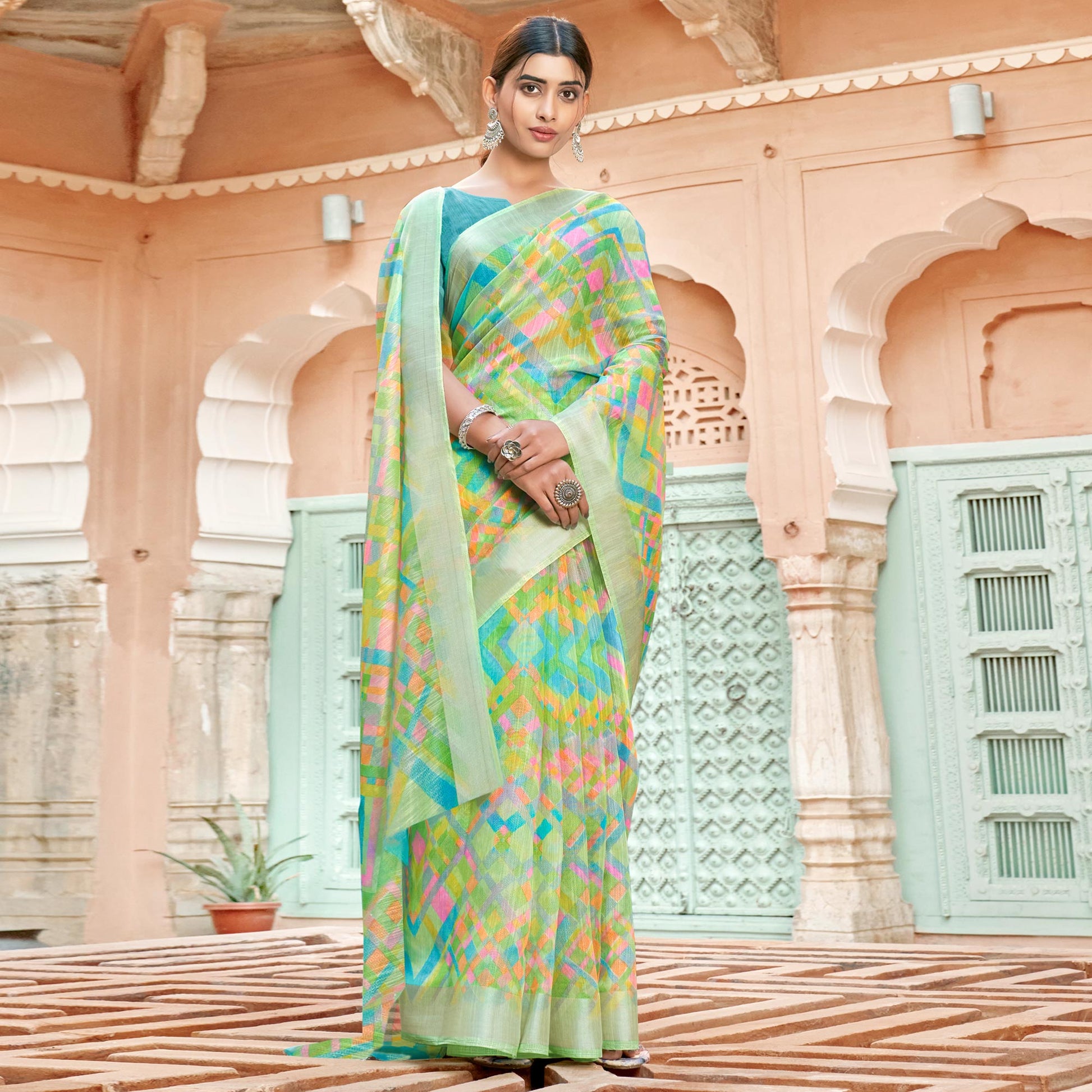 green-printed-poly-cotton-saree