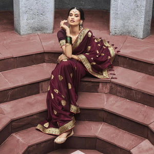 Maroon Woven Vichitra Silk Saree With Tassels