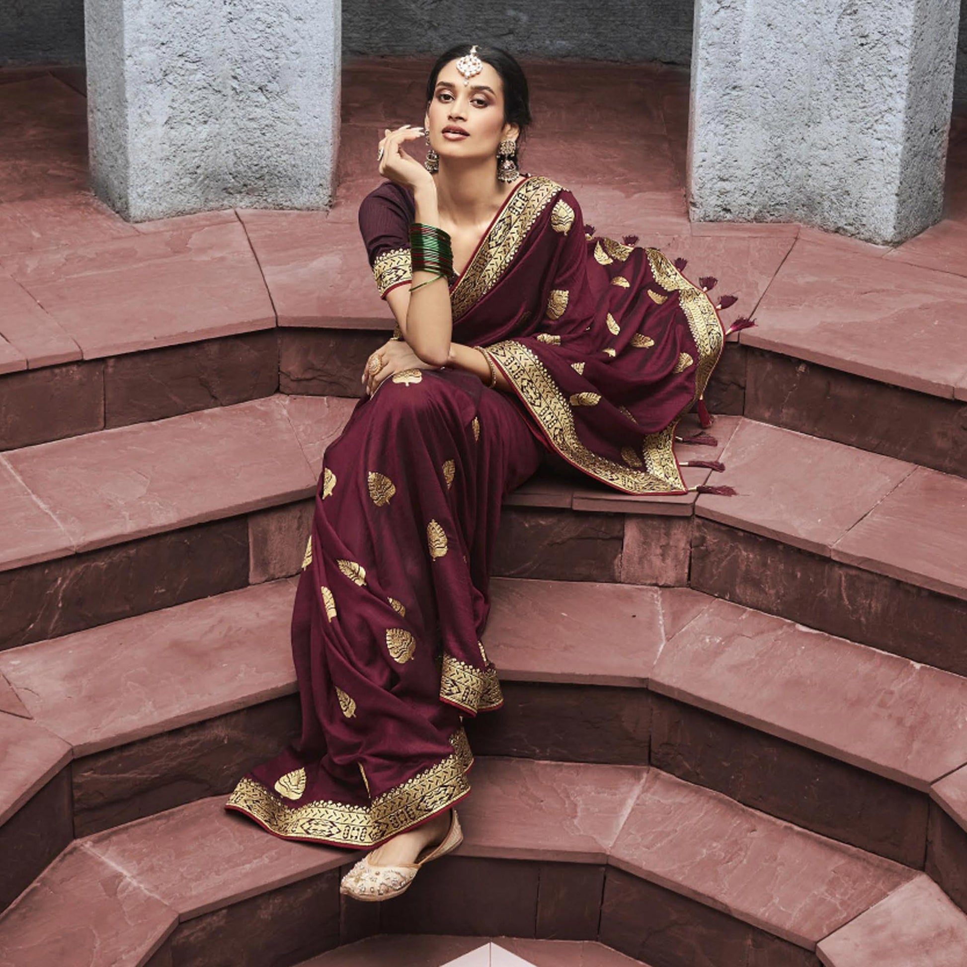 Maroon Woven Vichitra Silk Saree With Tassels
