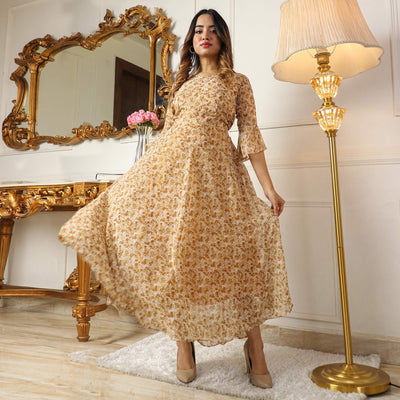 Brown Printed Georgette Dress