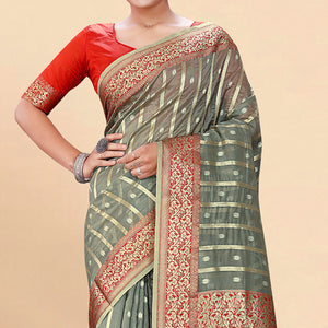 Grey Woven Organza Saree With Tassels