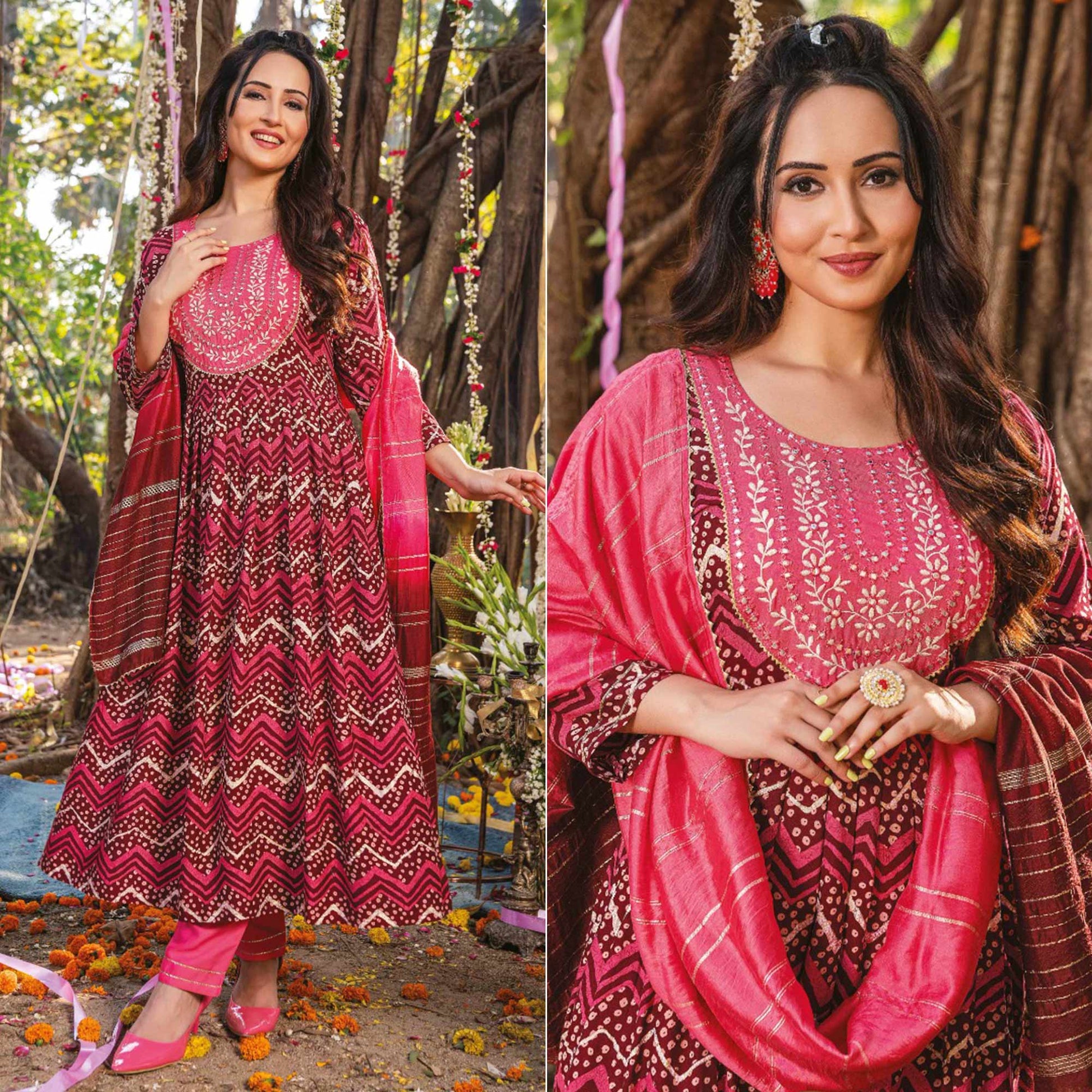 Maroon Pink Printed Rayon Naira Cut Suit