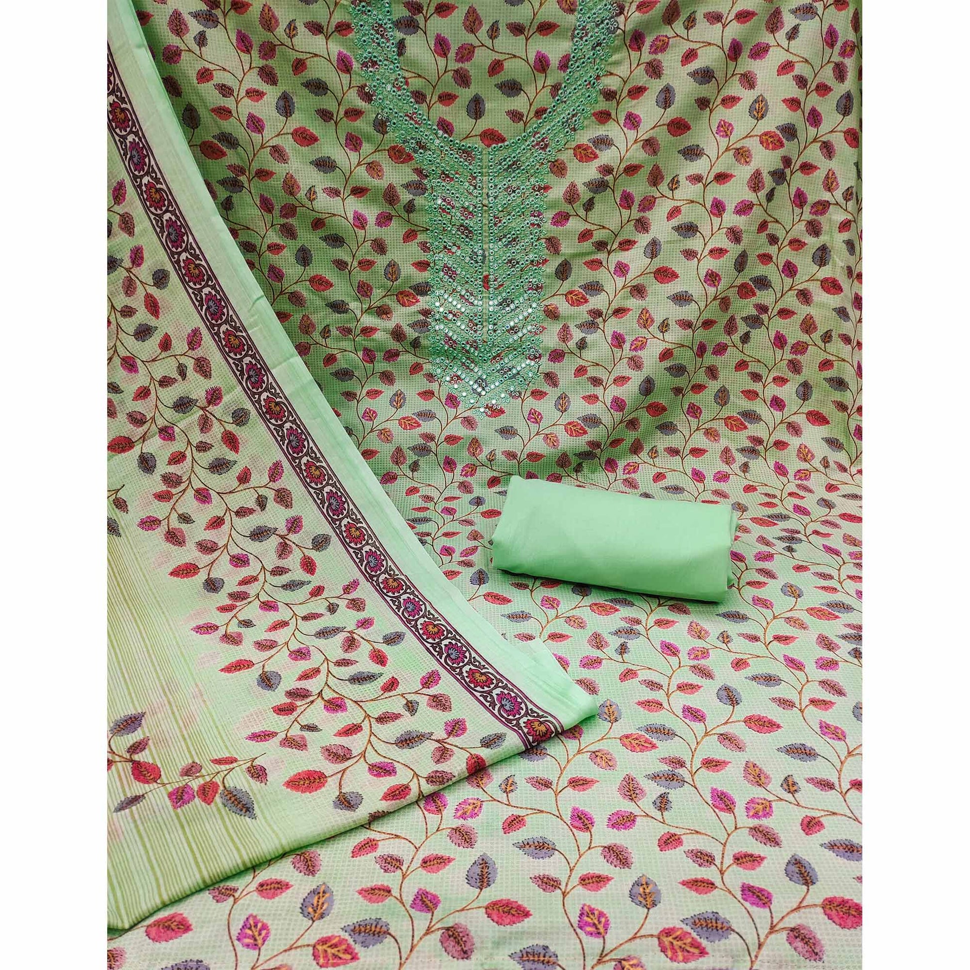 green-floral-printed-mirror-work-pure-cotton-dress-material