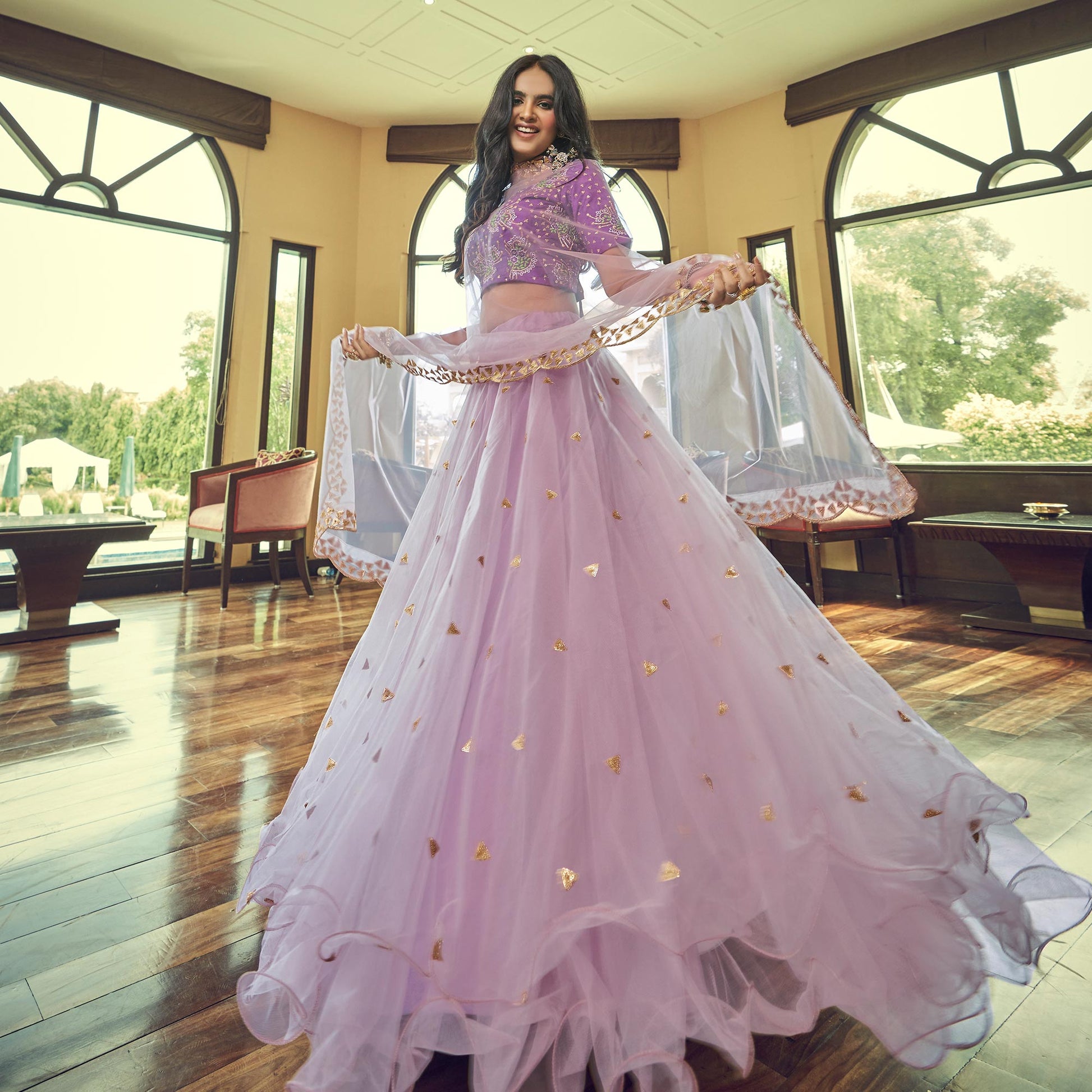 Lavender Sequins Embroidered Netted Lehenga Choli