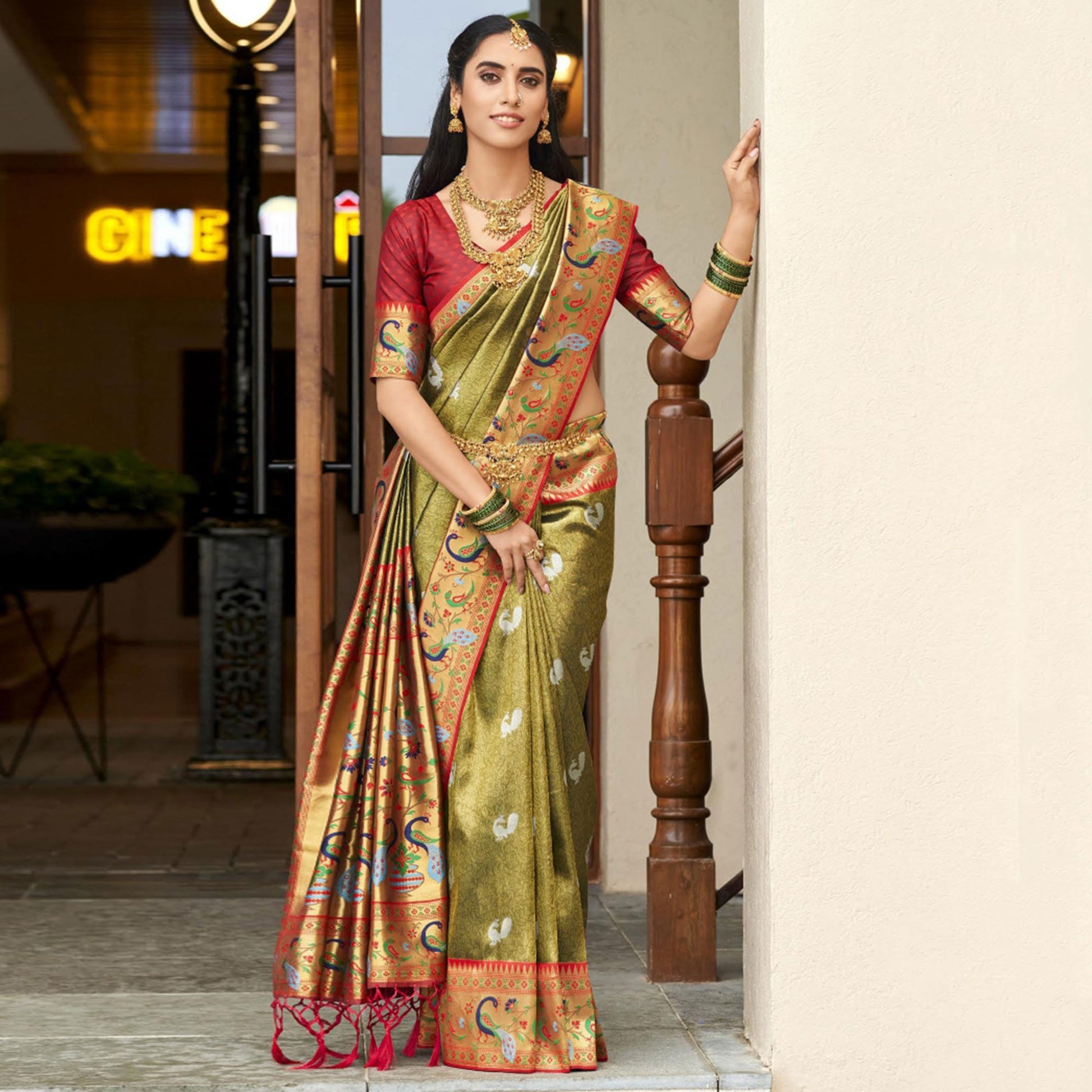 Mehendi Green Woven Kanjivaram Silk Paithani Saree With Tassels