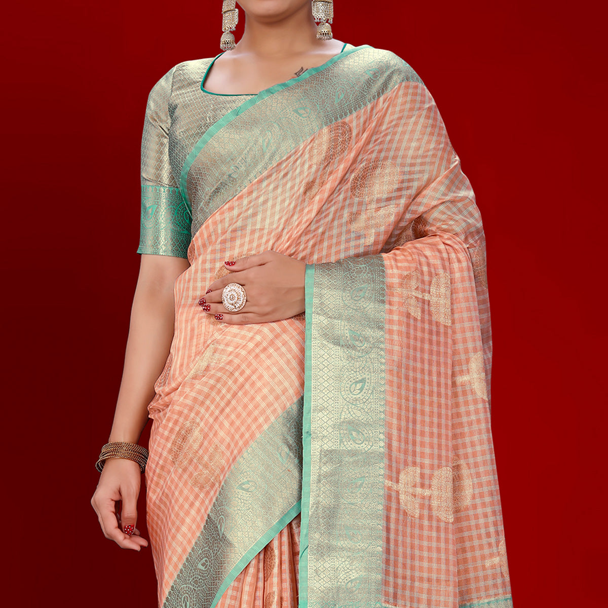 Dark Peach Floral Woven Organza Saree With Tassels