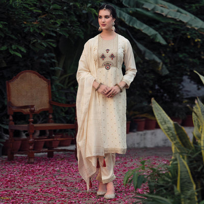 Cream Floral Woven Muslin Salwar Suit