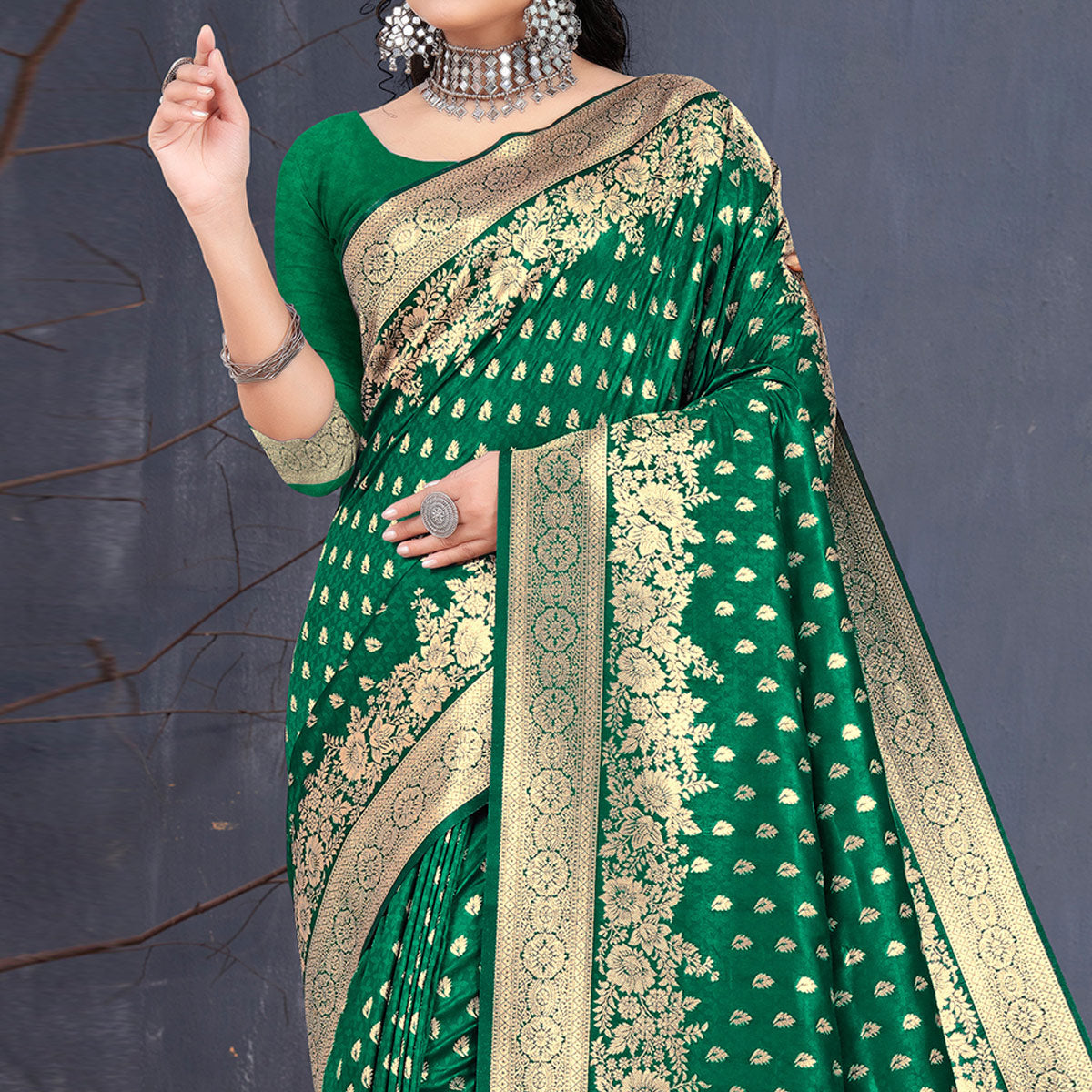 Bottle Green Woven Art Silk Saree With Tassels