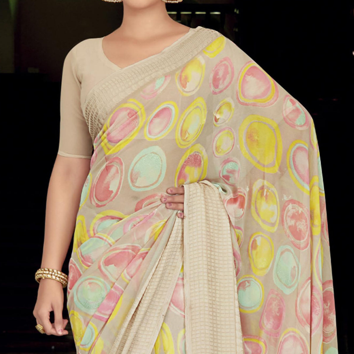 Mulitcolor Printed Georgette Saree With Checks Border
