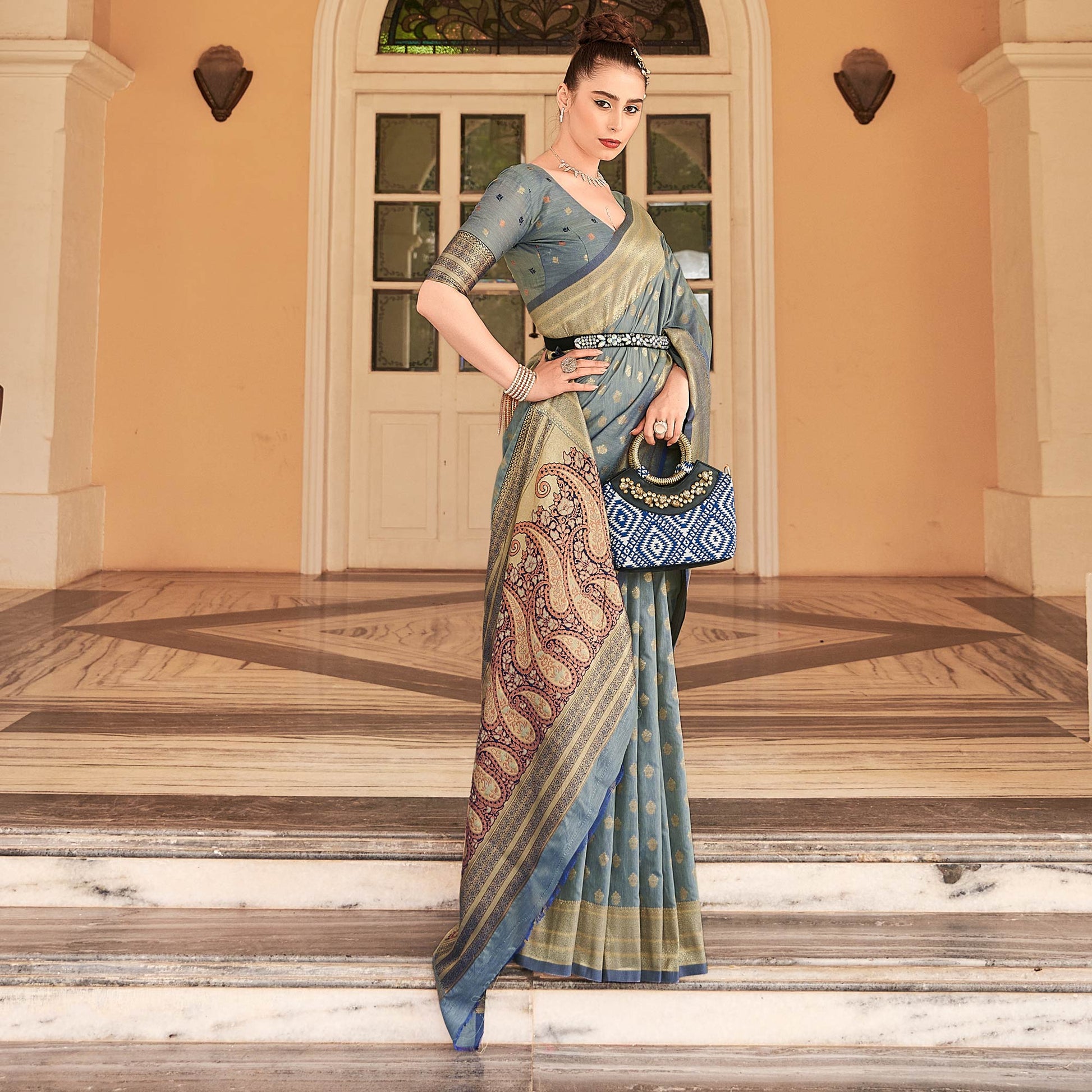 Grey Woven Cotton Silk Saree