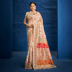 Cream Woven Art Silk Saree With Tassels