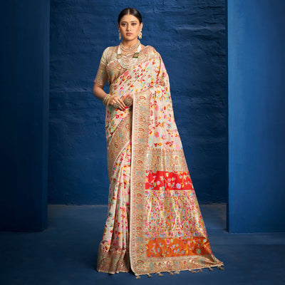 Cream Woven Art Silk Saree With Tassels