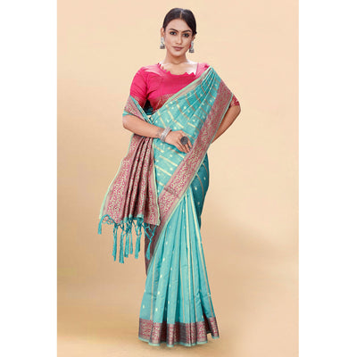 Blue Woven Organza Saree With Tassels
