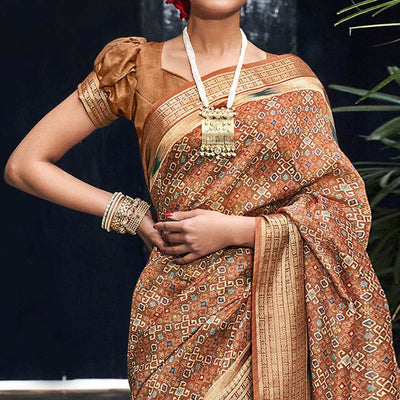 Brown Digital Printed Linen Saree