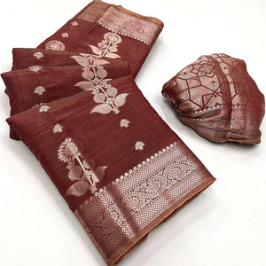Brown Floral Woven Organza Saree