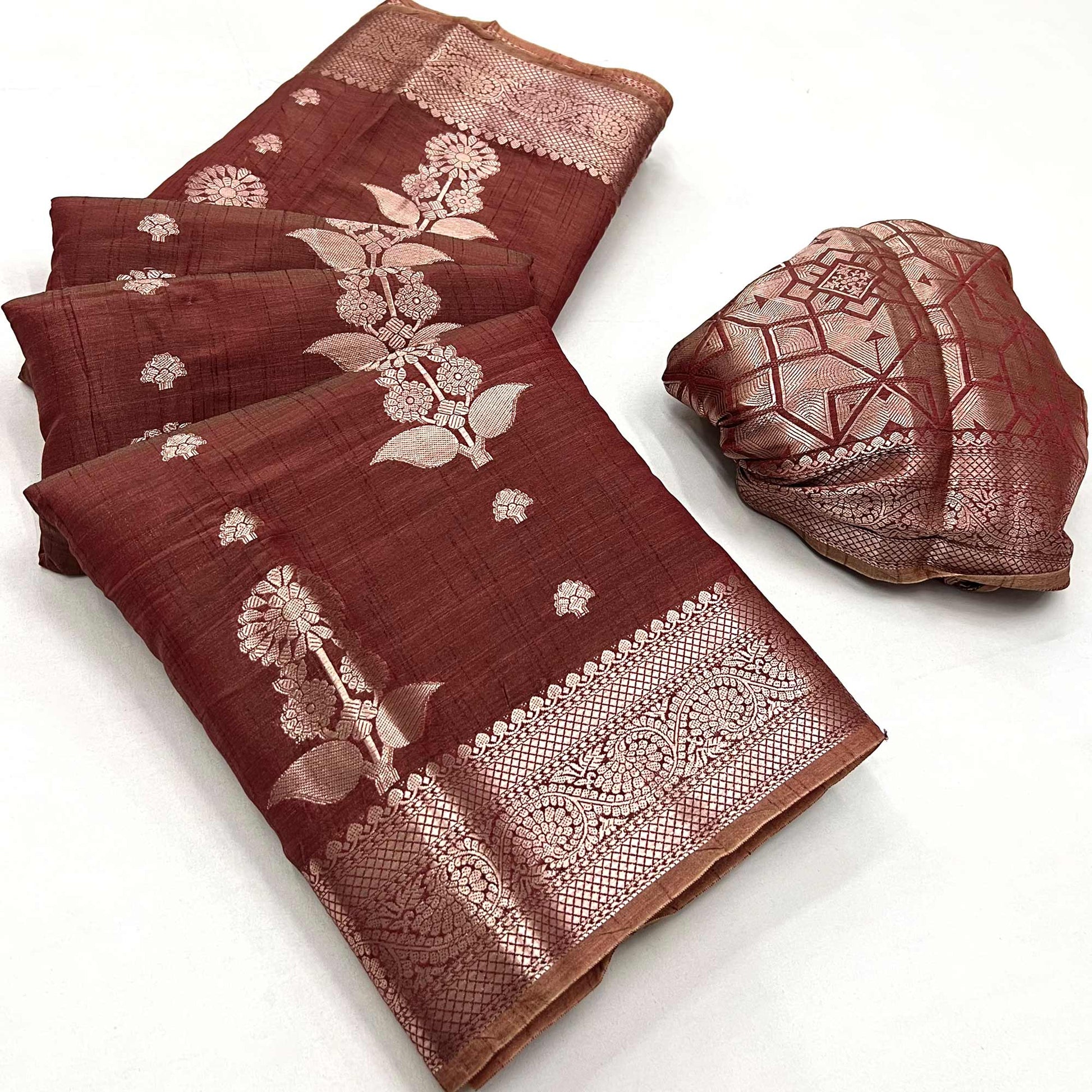 Brown Floral Woven Organza Saree