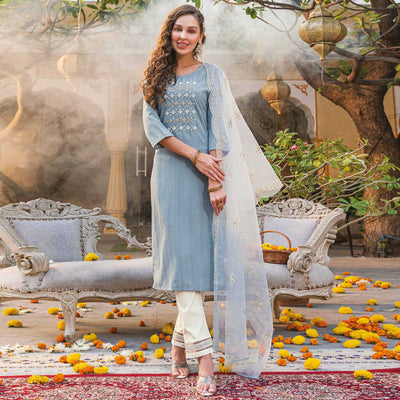 Light Blue Embellished Viscose Salwar Suit