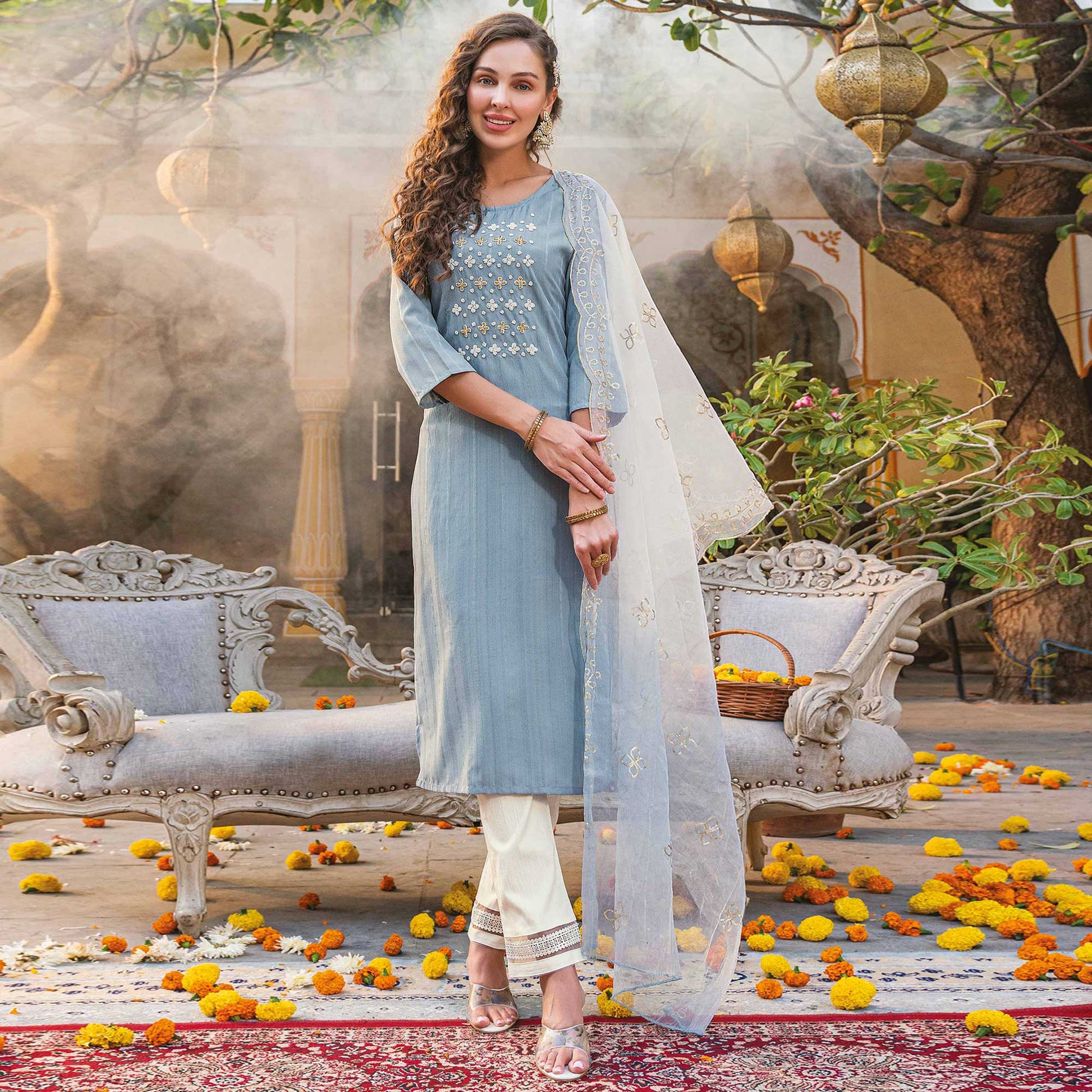 Light Blue Embellished Viscose Salwar Suit