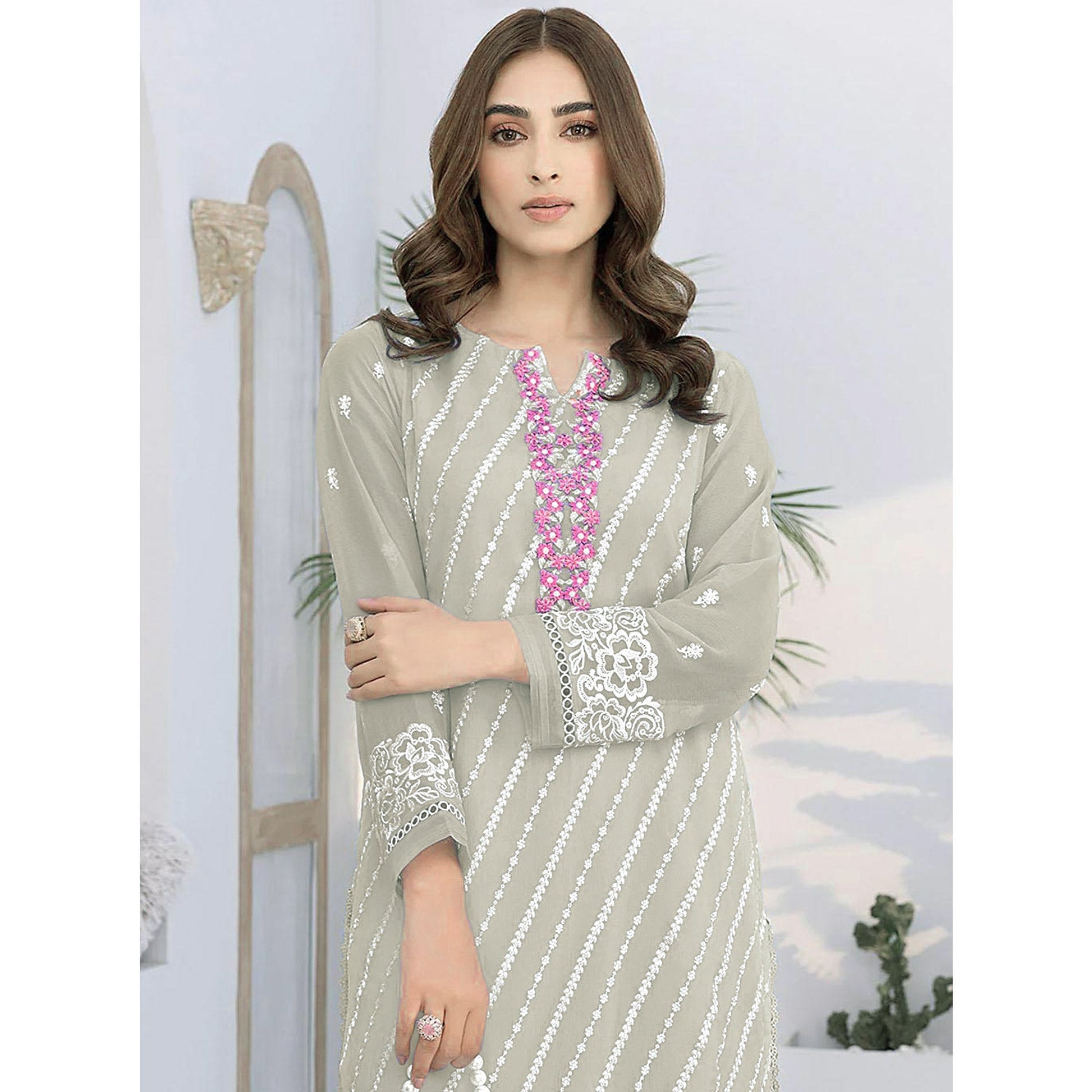 Fog Green Floral Embroidered Georgette Semi Stitched Suit