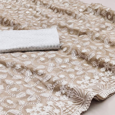 Light Brown Lucknowi Embroidered Organza Saree