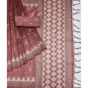 Dusty Pink Printed Tussar Silk Saree With Tassels