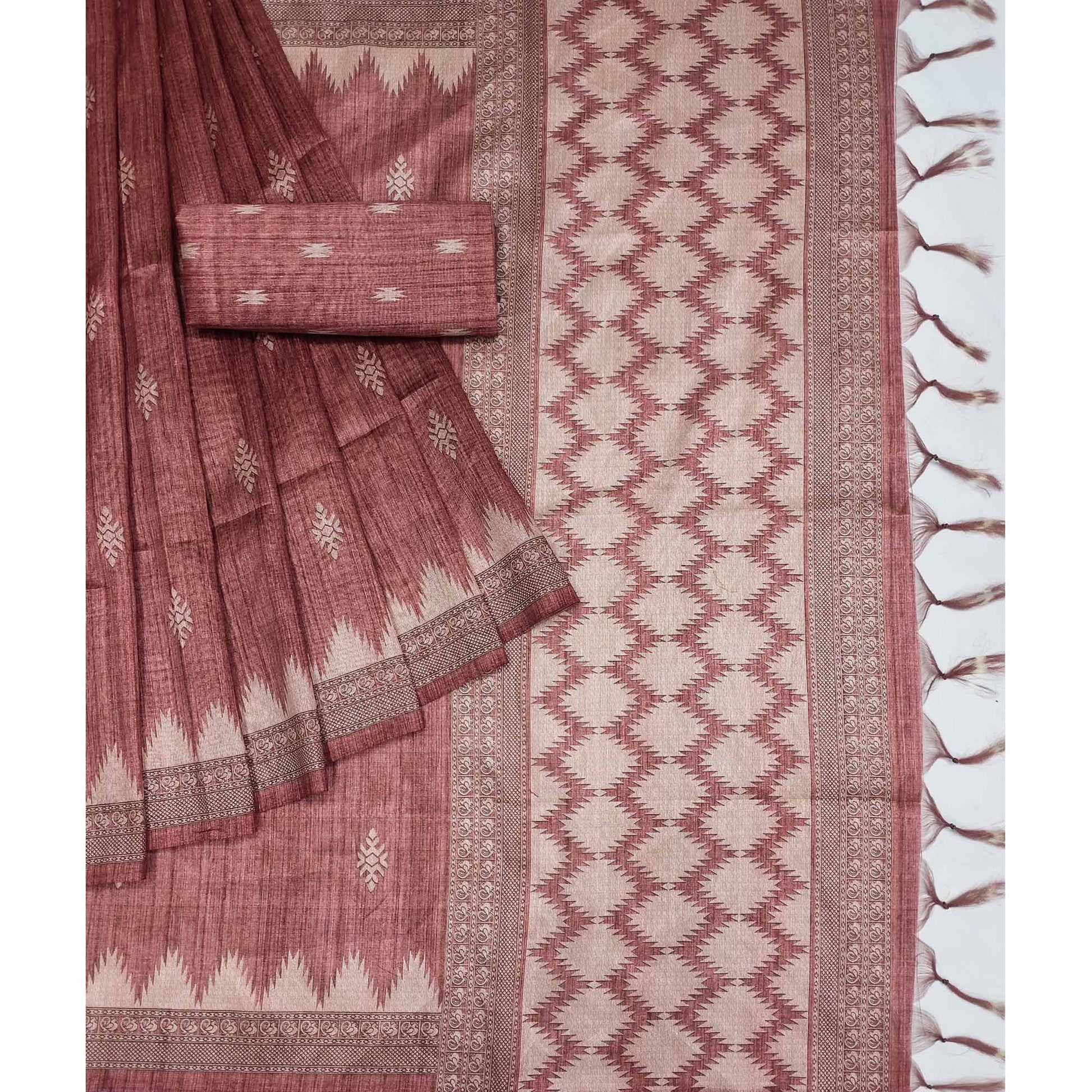 Dusty Pink Printed Tussar Silk Saree With Tassels