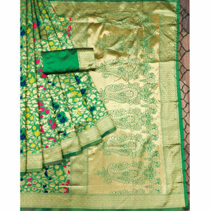 green-floral-woven-art-silk-saree-4