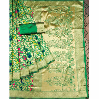 green-floral-woven-art-silk-saree-4