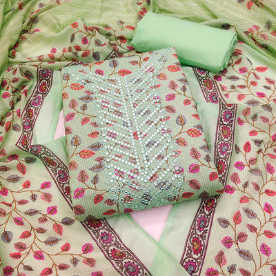 green-floral-printed-mirror-work-pure-cotton-dress-material