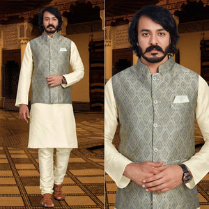 Cream Grey Woven Art Silk Kurta Pyjama Set With Jacket