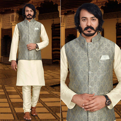Cream Grey Woven Art Silk Kurta Pyjama Set With Jacket