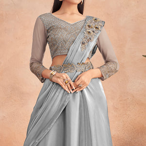 Grey Sequins Embroidered Ready to Wear Art Silk Saree