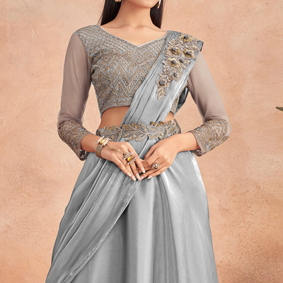 Grey Sequins Embroidered Ready to Wear Art Silk Saree