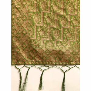 Mehendi Green Floral Woven Organza Silk Saree With Tassels